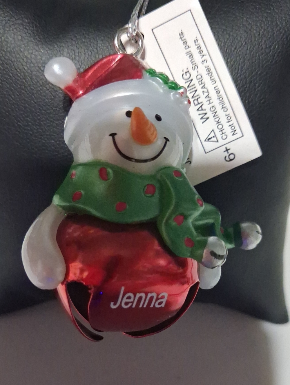 Personalized Snowman Bell Ornament - Red, White, Green- Jenna